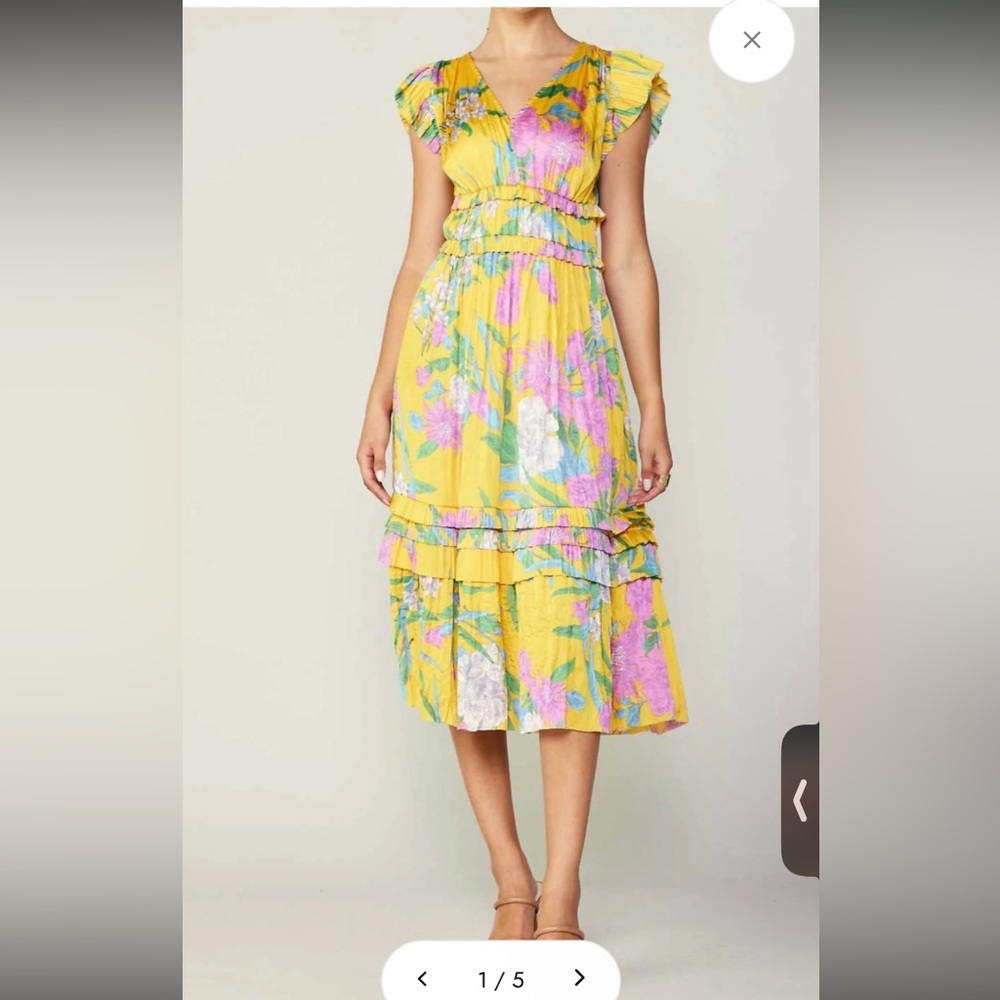 Current Air $114 Yellow Floral Pleated Midi Dress, Size S